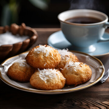 Coconut cookies in plate on wooden backgrounds