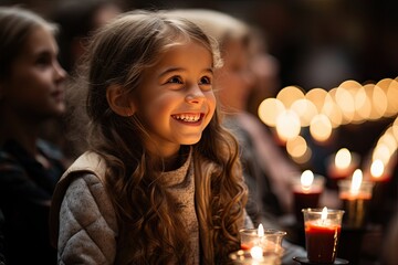 Girl smiling with Christmas choir in church - obrazy, fototapety, plakaty