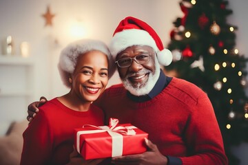 Obraz na płótnie Canvas Portrait of old senior african american couple holding wrapped gift presents wear red warm sweaters on christmas