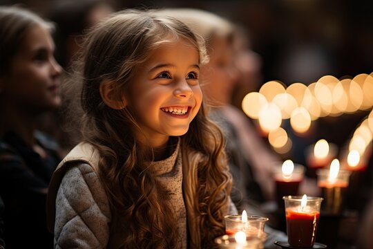 Girl smiling with Christmas choir in church