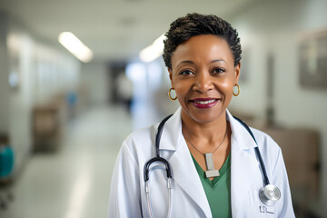 A middle-aged black female doctor in a white coat and stethoscope, smiling in a hospital hallway