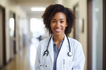 Young black female doctor in white coat and stethoscope, smiling in the hallway of a hospital