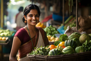 A portrait of a Hindu woman buying fruit at a local market