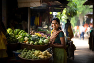 A portrait of a Hindu woman at a local fruit and vegetable market