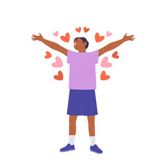 Happy teenager boy cartoon character sharing loving emotion with lots of hearts feeling harmony