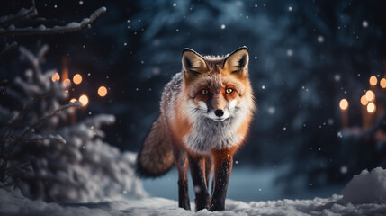 Portrait of Red fox in a winter night forest, snowy winter landscape. Poster, Baner high quality. Christmas lights. 
