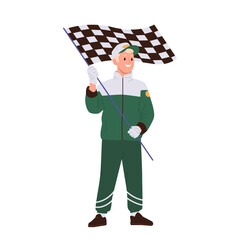 Isolated smiling pit stop worker cartoon character in green team uniform holding checkered flag