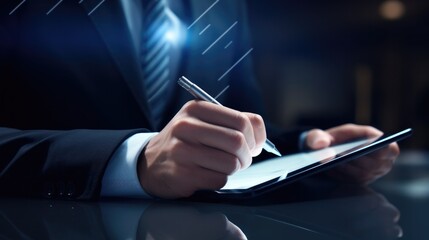 Businessman using electronic pen of tablet to tick correct sign mark for document approve of quality assurance and project accept concept.