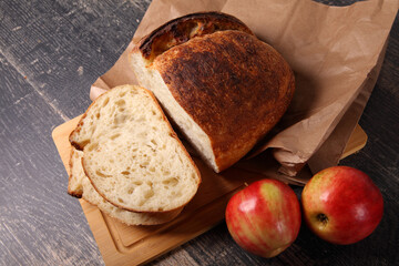 bread and apple on the table