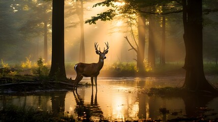 Deer grazing at dawn, tranquil shot of a deer amidst early morning mist, the quiet aura of the forest complementing its graceful presence.