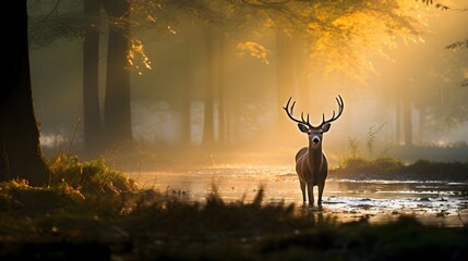 Deer grazing at dawn, tranquil shot of a deer amidst early morning mist, the quiet aura of the forest complementing its graceful presence.