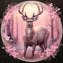 A graceful deer stands in a circle of delicate pink flowers, A deer with pink background, A deer in pink forest, A deer in forest, A deer in the woods, Christmas wreath, xmas wreath, easy to cut out