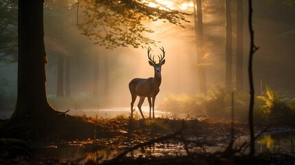 Deer grazing at dawn, tranquil shot of a deer amidst early morning mist, the quiet aura of the forest complementing its graceful presence.