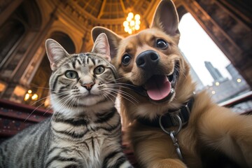 Dog and Cat's Heartwarming Encounter Generative AI - obrazy, fototapety, plakaty