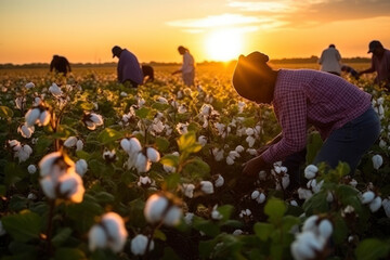 People workers collect cotton flowers in field at sunset. Growing organic cotton for textile and cosmetics production. Plant fiber