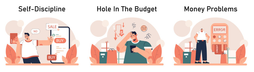 Impulsive buying set. Shopaholic money problems. Consumer doing useless purchases without thoughtful consideration or planning. Spontaneous buying. Flat vector illustration