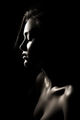 portrait low-key d'une jeune femme de profil sur fond noir éclairée par une faible lumière latérale
