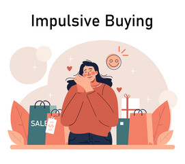 Impulsive buying. Shopaholic money problems. Consumer doing useless purchases without thoughtful consideration or planning. Spontaneous buying. Flat vector illustration