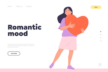 Romantic mood landing page design template with happy young woman character hugging big heart