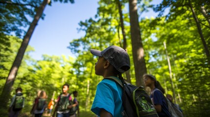 Children on a guided forest trail, wide-angle shot of young students following a forest ranger, their curious eyes absorbing the wonders of woodland life.