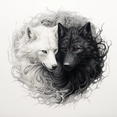 A Pair of Black and White Wolf Heads Side By Side Background