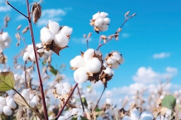 Cotton branches in the field. Lush white cotton flowers on a branch. Growing organic cotton for textile and cosmetics production. Vegetable fiber