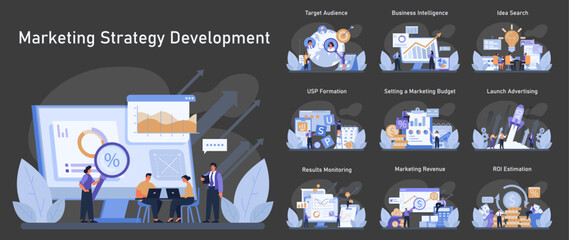 Marketing Strategy Development set. Crafting unique selling propositions and pinpointing target audiences. Budget allocation, monitoring results, and estimating ROI. Dynamic business strategy planning