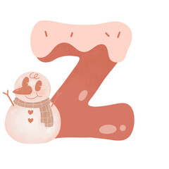 Letter Z cute 60s 70s groovy retro vintage smiley pink snowman watercolor cartoon font sublimation winter alphabet merry christmas xmas festive clipart