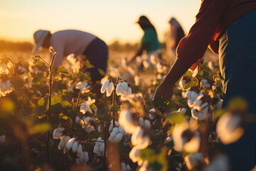 People workers collect cotton flowers in field at sunset. Growing organic cotton for textile and cosmetics production. Plant fiber - obrazy, fototapety, plakaty