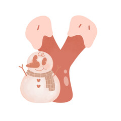 Letter Y cute 60s 70s groovy retro vintage smiley pink snowman watercolor cartoon font sublimation winter alphabet merry christmas xmas festive clipart