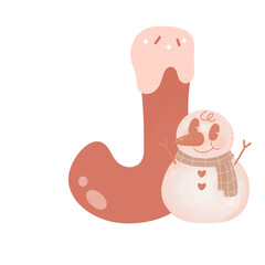 Letter J cute 60s 70s groovy retro vintage smiley pink snowman watercolor cartoon font sublimation winter alphabet merry christmas xmas festive clipart