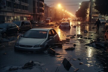 Cars stranded on flooded road after heavy rain - obrazy, fototapety, plakaty