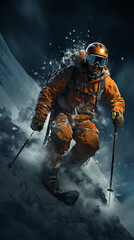 Fototapeta premium Freeskier jumping over backcountry kicker, darkblue background. AI generative