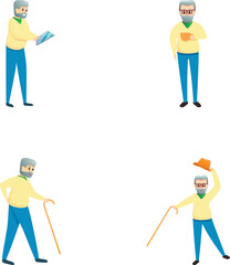 Active aging icons set cartoon vector. Positive cartoon senior character. Healthy and active lifestyle for old people