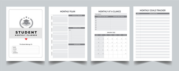 Monthly Student Planner layout design with cover page . Daily, weekly, monthly planner template.