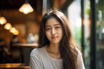 Young Asian woman sitting in the inviting warmth of a café