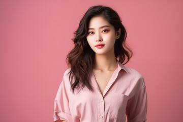 Fototapeta premium Young Asian woman her soft smile and wavy flowing hair. Dressed in a light pink shirt that compliments the warm
