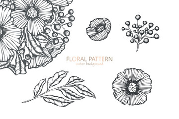 Collection of hand drawn spring flowers and plants. Monochrome vector illustrations in sketch style