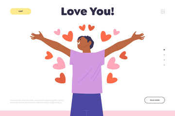 Love you headline for landing page with happy romantic man sending hearts with wide spreading hands