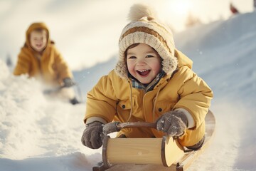 A  little child joyfully sleds down the snowy hill, savoring the winter play's delight and the moments of childlike happiness. generation ai
