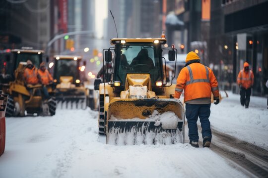 Unrecognizable working men workers operating large snowplows and clearing snow on city road