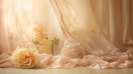  a yellow rose sitting on top of a wooden floor next to a window covered in sheer drapes and a pink rose in the center of the photo is in the foreground.  generative ai