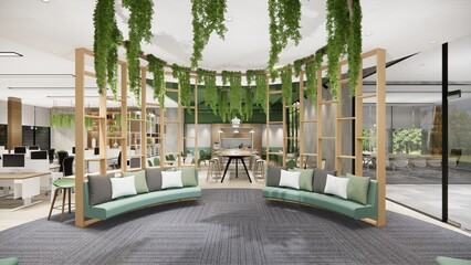 Interior Empty Modern Loft Office open space modern office footage.Modern open concept Lobby and reception area meeting room design.3d Rendering  interior walk through.