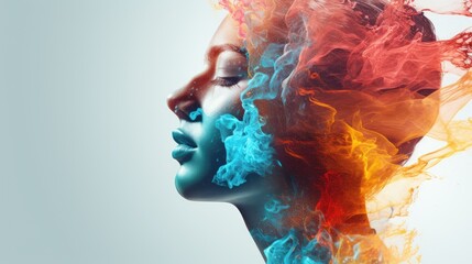  a woman's face with colorful smoke coming out of it's hair and the image of a woman's face appears to be in the form of a multi - colored smoke.  generative ai - obrazy, fototapety, plakaty
