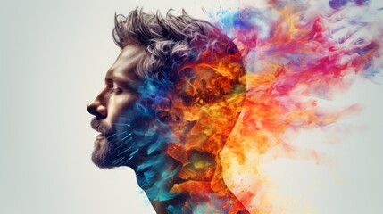  a man's face with multicolored smoke coming out of it's upper half and the upper half of his face to the lower half of his face.  generative ai - obrazy, fototapety, plakaty