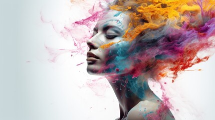  a woman's face with colored smoke coming out of her hair and the image is of a woman's face with colored smoke coming out of her hair.  generative ai