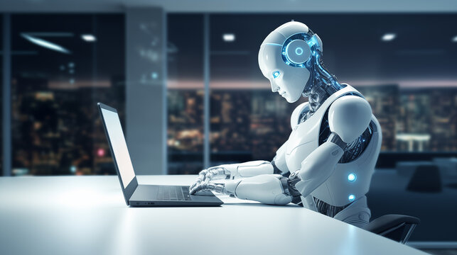 Humanoid AI robot engaged in work on a modern laptop.