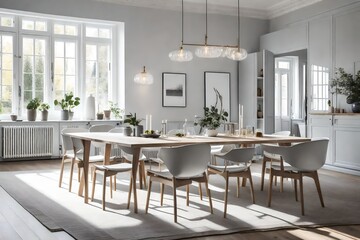 a monochromatic Scandinavian dining room with various shades of gray