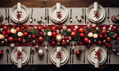 Christmas table setting with fir branches, Christmas balls and rowan in dining room, flat lay. Top view of served red table on christmas dinner with a lot of decorations and candles. - obrazy, fototapety, plakaty