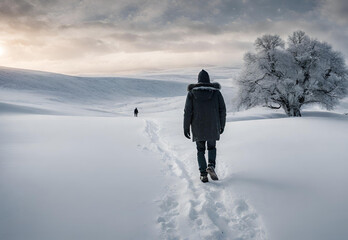 Fototapeta na wymiar A snowy landscape with a man walking in the middle of the snow.AI generated
